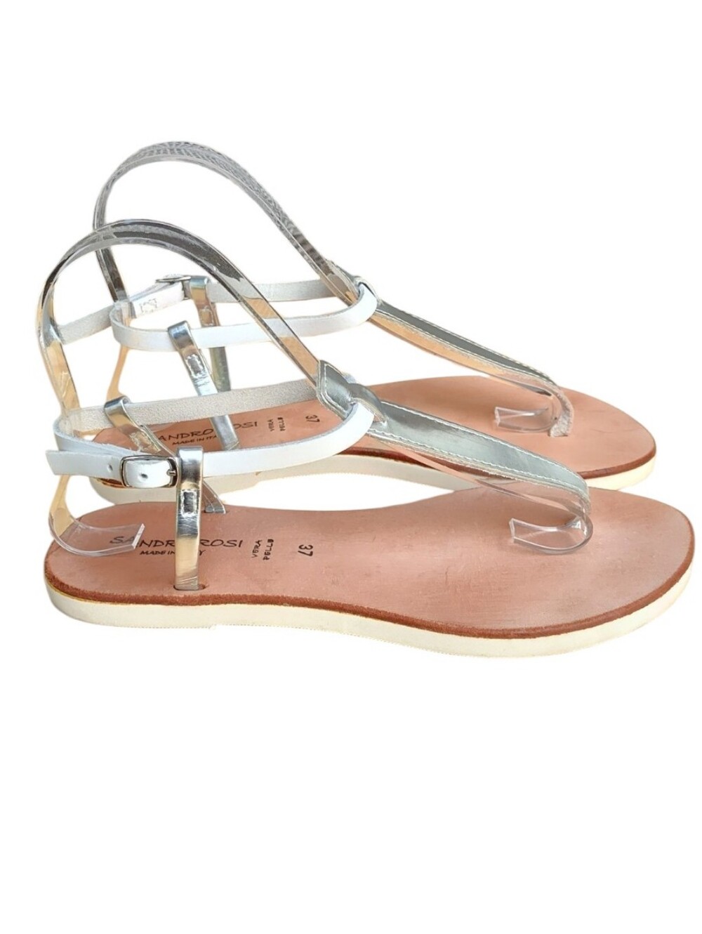 Sandro Rosi Italian Leather Silver/White Thong Sandals Size US 6.5- 7/EUR 37
